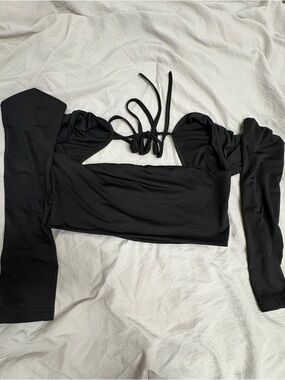 Black Off-Shoulder Long Sleeve Crop Top with Tie Detail